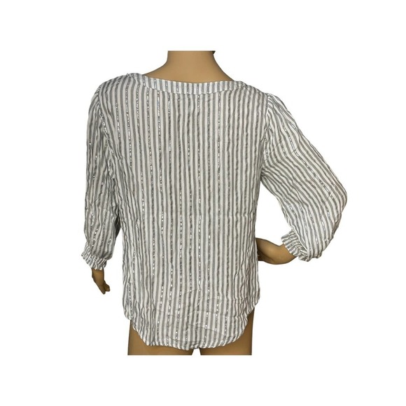 Adrienne Vittadini Women's White Silver Metallic Striped Banded V- Neck Blouse M - Picture 3 of 9